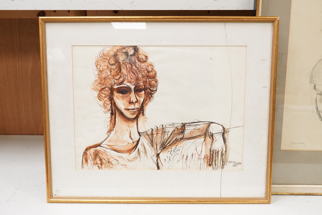 John Skelton (1925-2009), Portrait of a lady, signed and dated 1985, sepia, ink and wash together with a Portrait study of a young girl, pencil sketch, largest 50 x 29cm, Provenance: from the artist's family